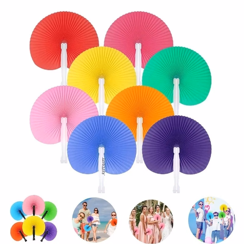 Folding Round Plastic Handle Hand Paper Fan