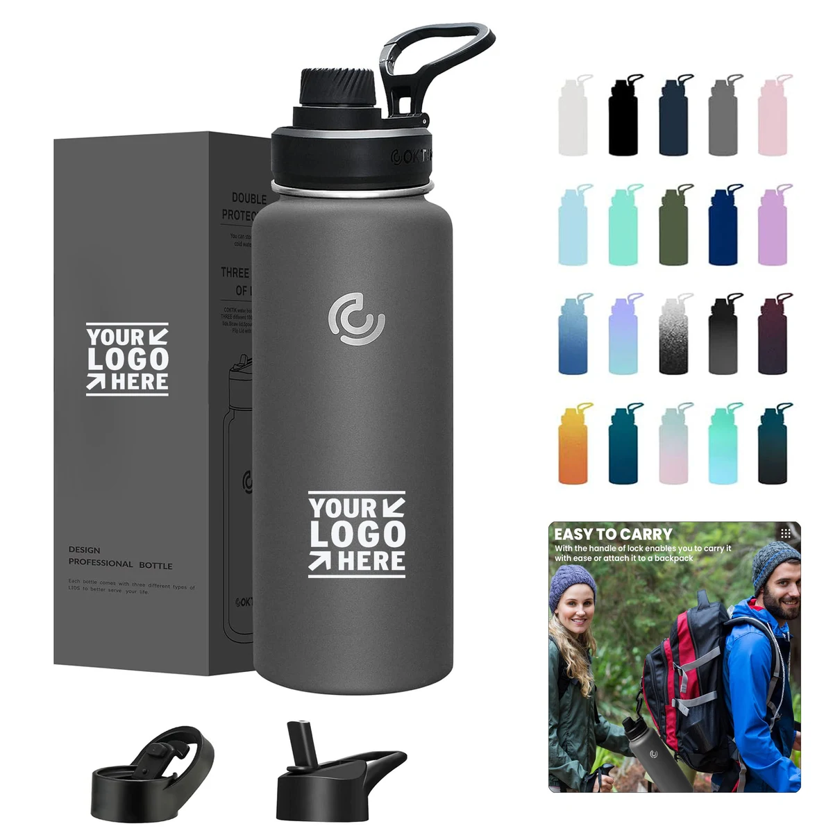 40 Oz Sports Travel Hiking Stainless Steel Vacuum Insulated Leakproof Water Bottle With Straw 3 Lids, custom water bottle with logo imprint 1