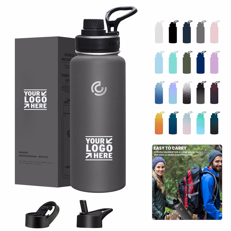 40 Oz Sports Travel Hiking Stainless Steel Vacuum Insulated Leakproof Water Bottle With Straw 3 Lids