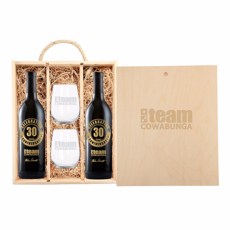 Rustic Laser-Engraved Triple Wood Box with Custom Etched Wines + Glasses