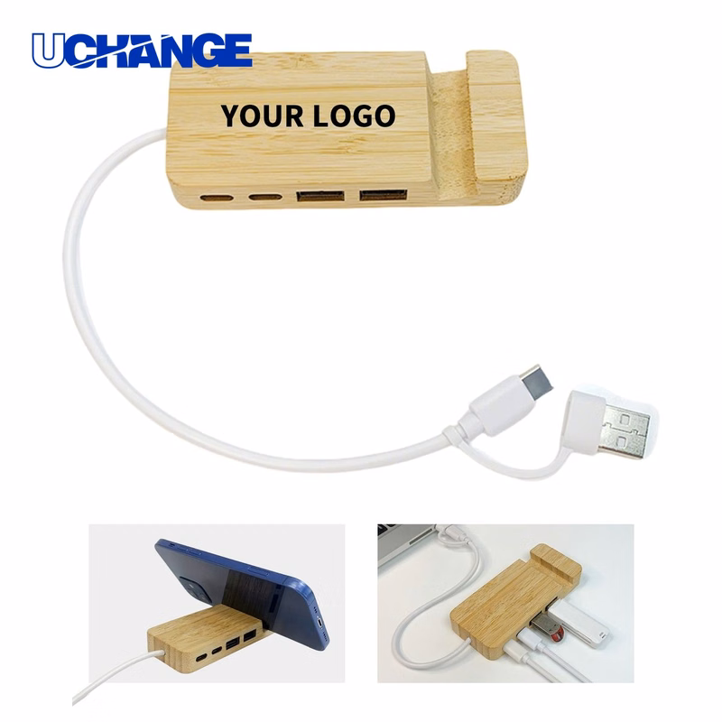 Bamboo Desktop Phone Stand Mount with Multi Port Data Hub 9.9" Length