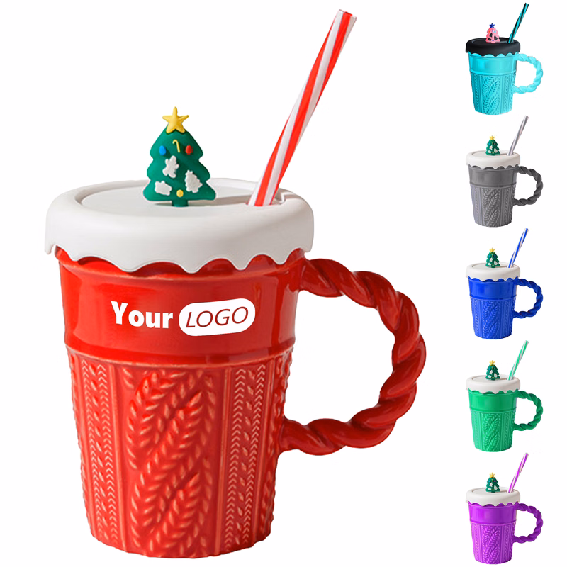 Ceramic Festive Knit-Pattern Christmas Mug With Lid And Straw