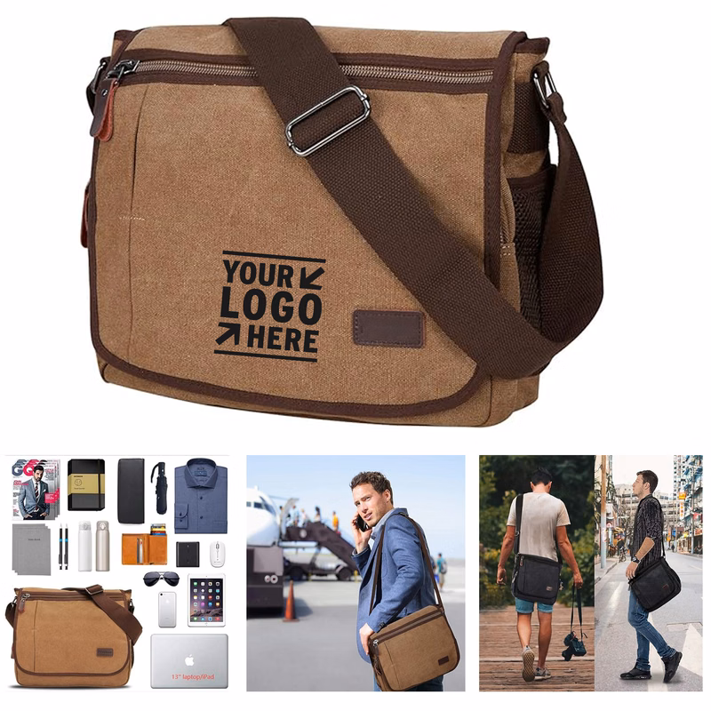 Men 13 Inches Messenger Laptop Satchel Canvas Shoulder Bag with Bottle Pocket