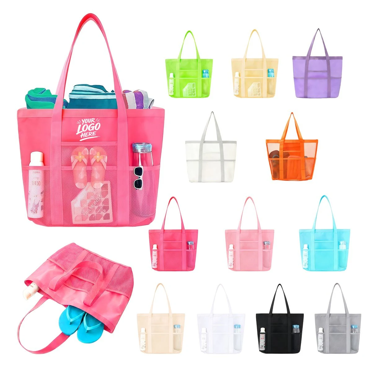 Large Mesh Beach Tote Multi Pocket Travel Swim Bag 1