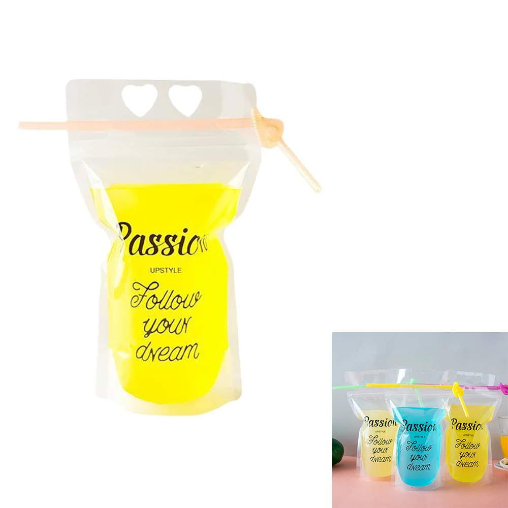 Custom Hand-held Translucent Stand-up Plastic Pouch Bag Drinking Bag With Straw 500ML/16OZ 1