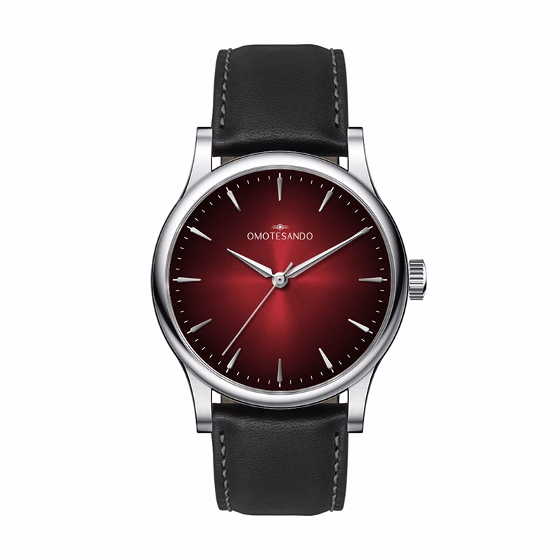 Watch Creations 38MM, 3 HAND, STAINLESS STEEL CASE, RED GRADIENT COLOR DIAL W/ APPLIED INDEXES, BLACK LEATHER STRAP