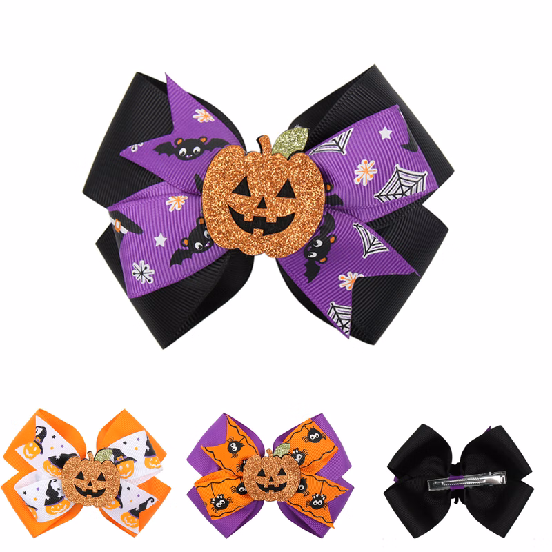 Halloween-Themed Hair Bows with Spider and Pumpkin Clips