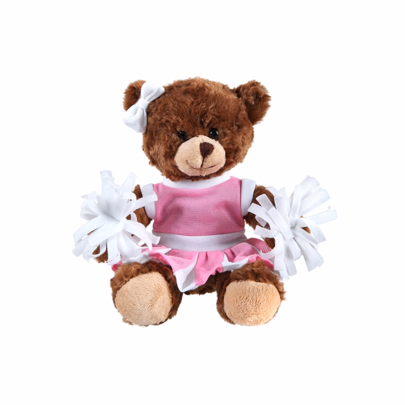 soft plush  Chocolate Curly Sitting Bear with cheerleader outfit