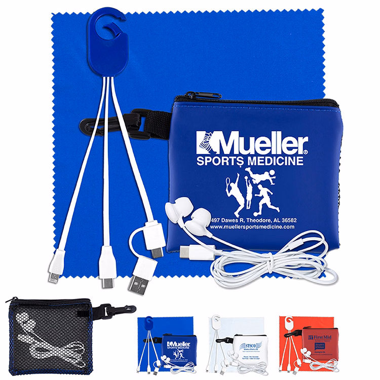 "TechMesh Hang Tunes" Mobile Tech Charging Kit with Earbuds and Charging Cable in Mesh Zipper Pouch