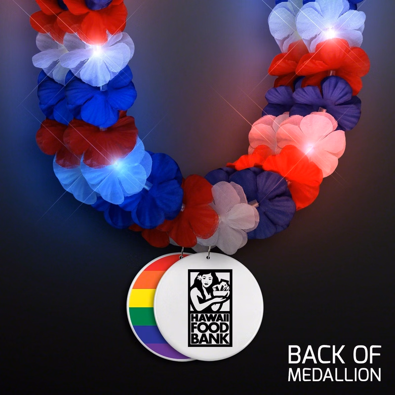 Red, White & Blue LED Hawaiian Lei with Rainbow Medallion