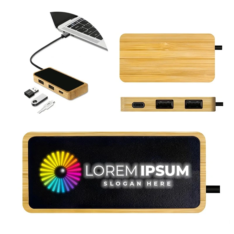 Bamboo 3-in-1 USB Hub with Custom RGB LED Logo 1