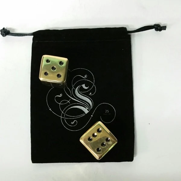 2 Solid Brass Dice w/velvet drawstring pouch 1