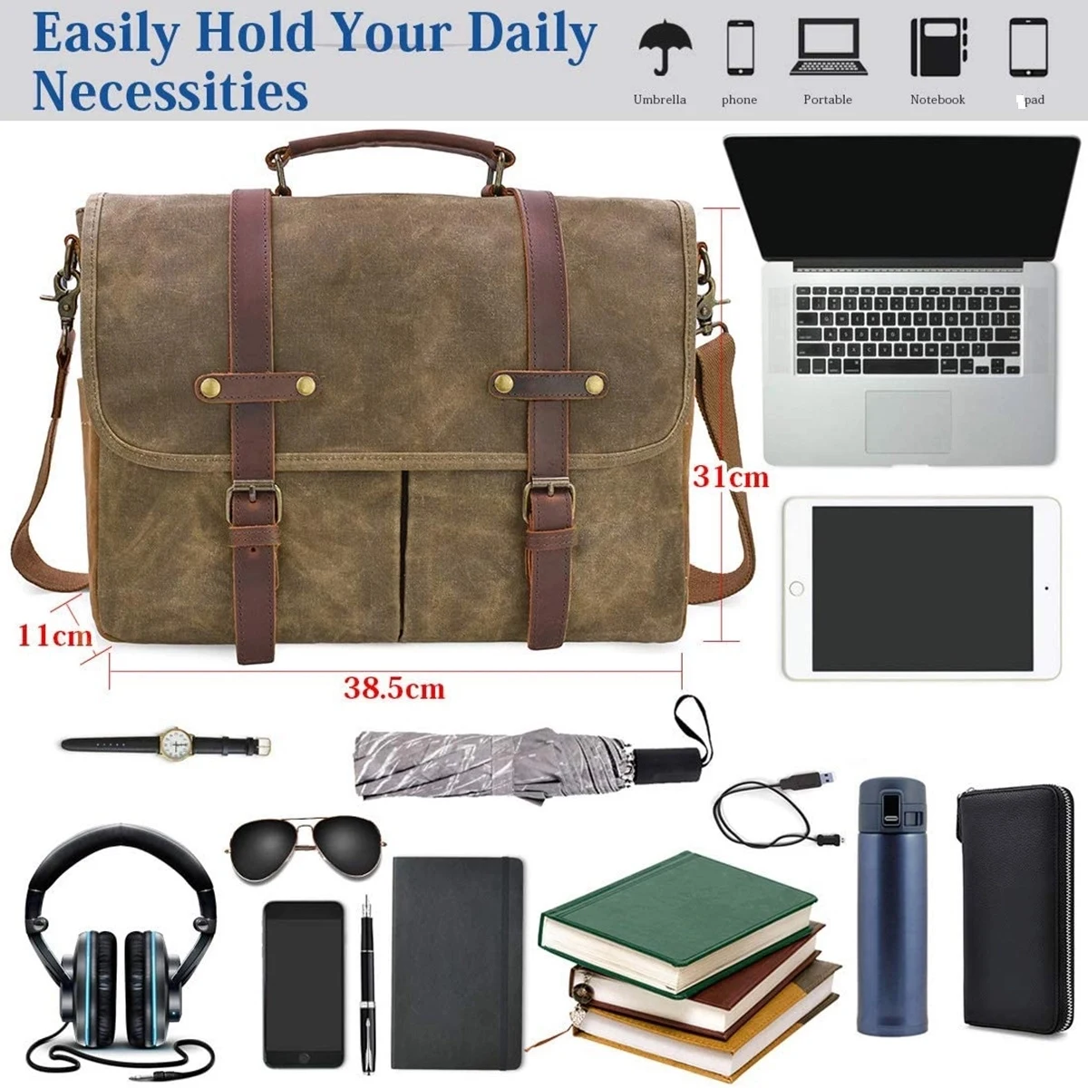 15.6 Inch Messenger Bag Waterproof Waxed Briefcase Laptop 1