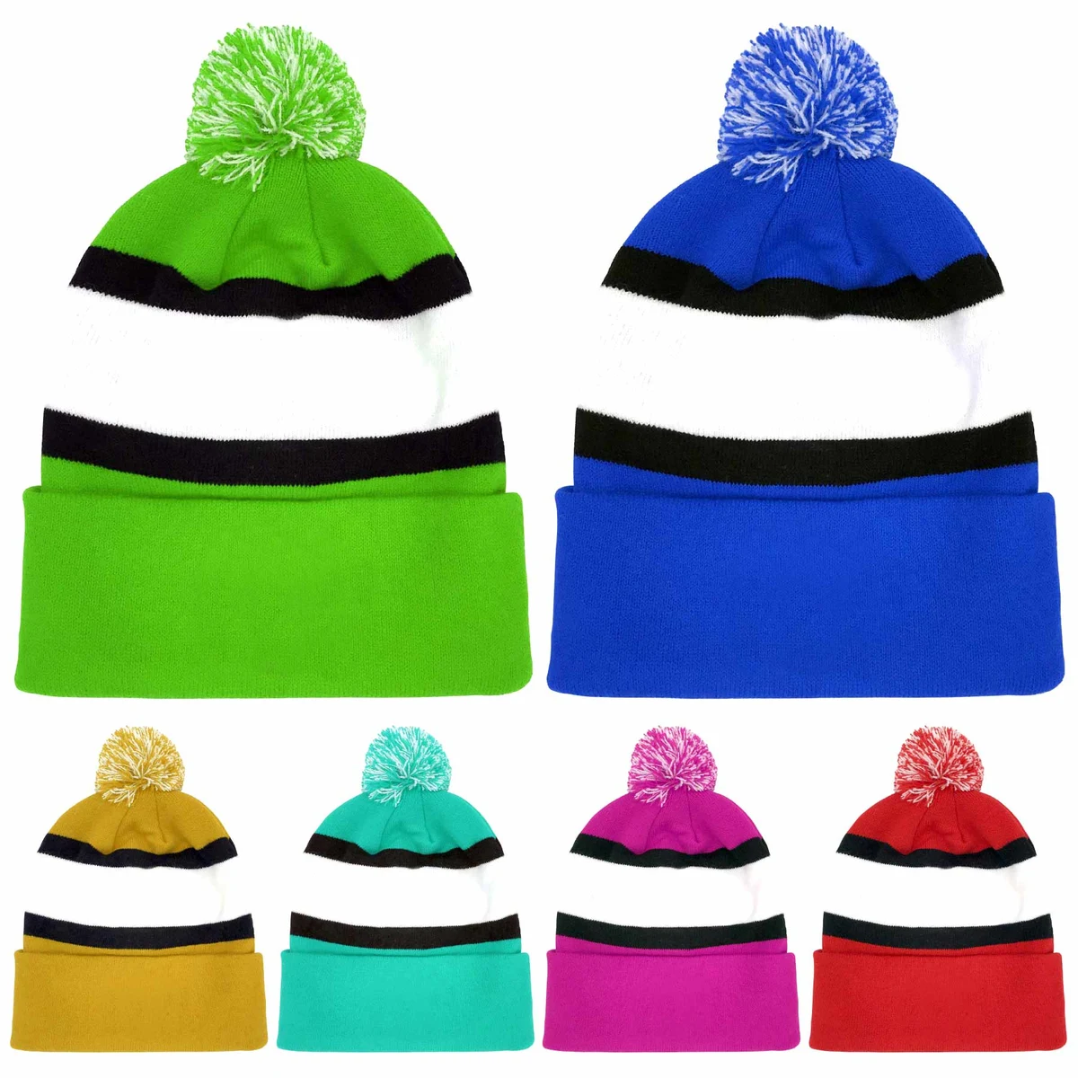 Jacquard Knit Pom Cuff Beanies Hats 1