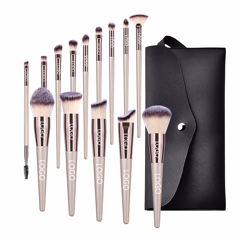 Champagne 14Pcs Premium Powder Concealers Eye shadows Blush Makeup Brushes Set