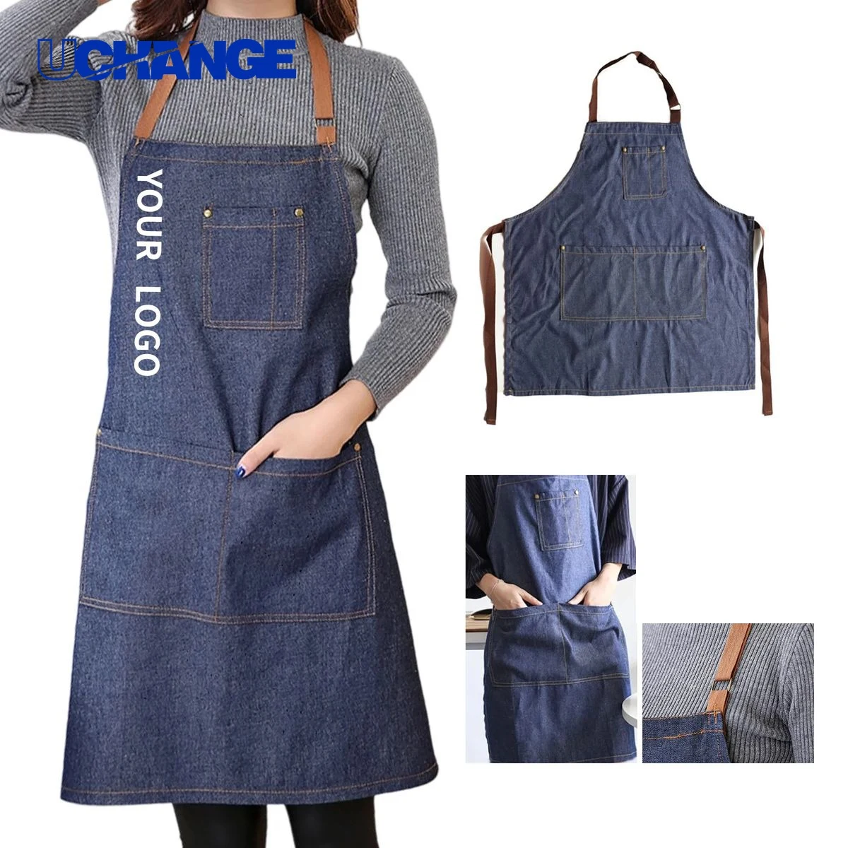 Denim Kitchen Apron with Storage Compartments for Work Use 1
