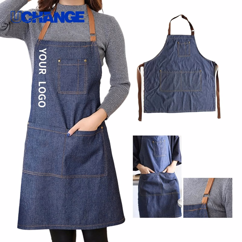 Denim Kitchen Apron with Storage Compartments for Work Use
