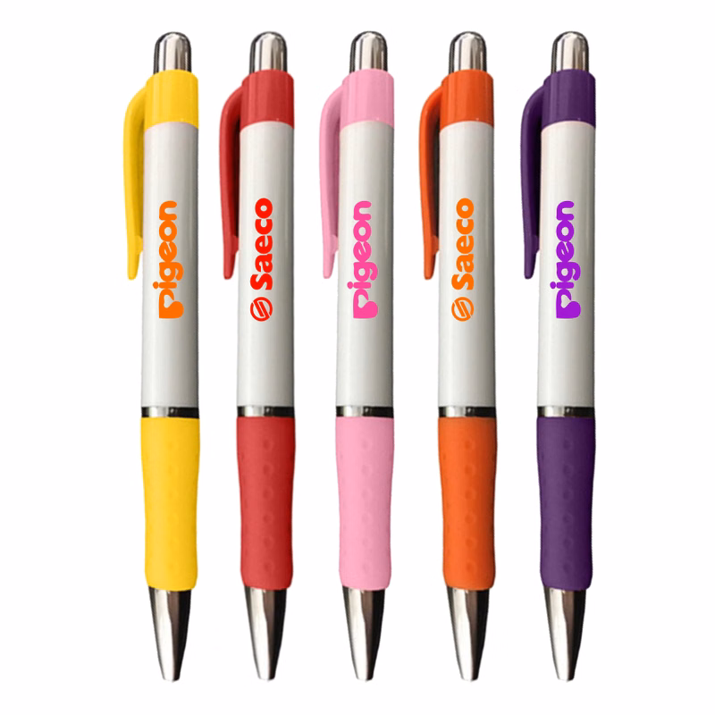 Union Printed – Rigid White Barrel Click Pen with Rubber Grip