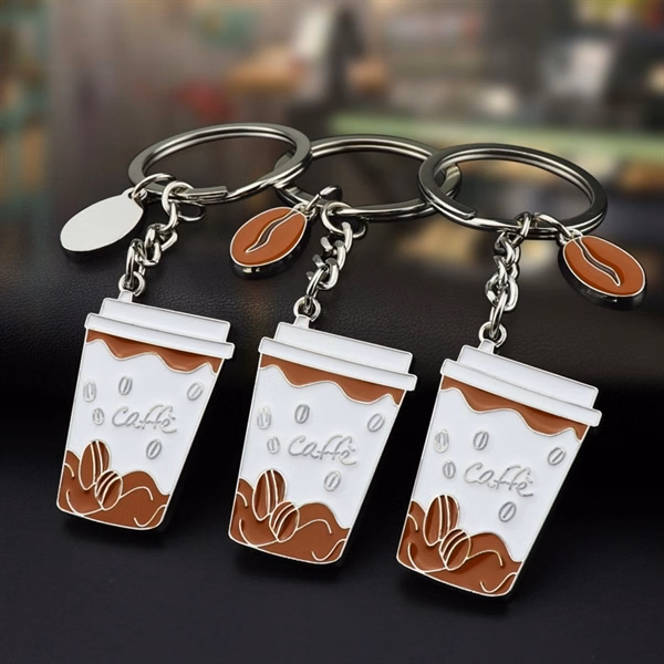 Custom Coffee Cup Metal Keychain with Bean Charms Full Color — Cafe Promotional Gift