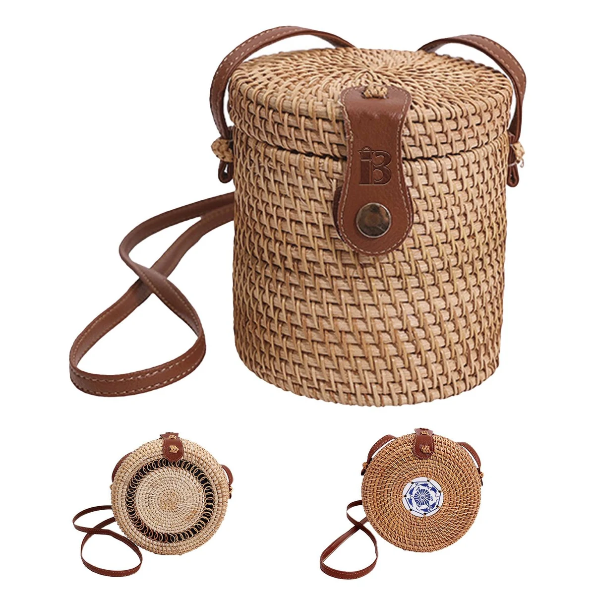 Fashion Rattan Woven Bucket Crossbody Bag 1