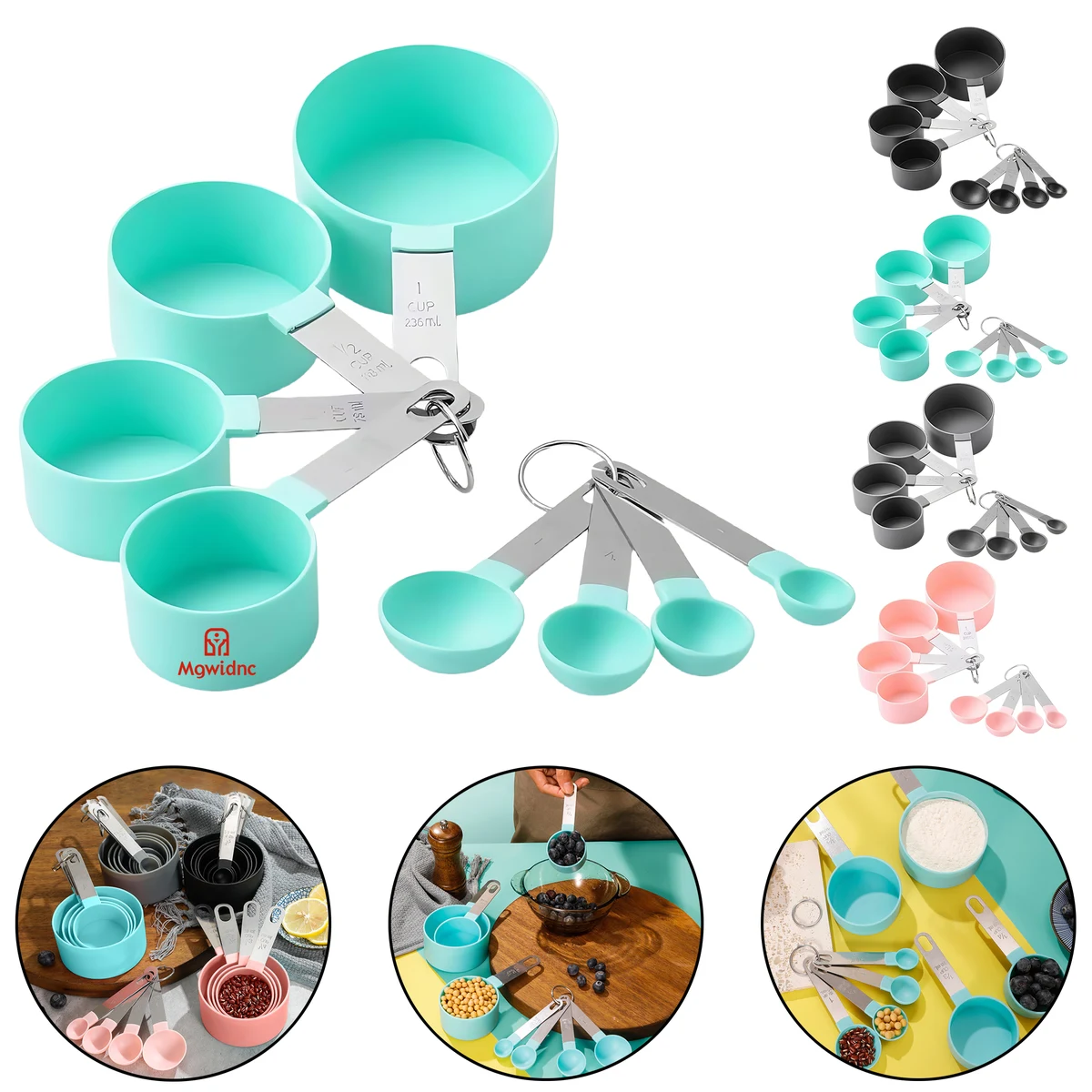 8-Piece Stainless Steel Handle Measuring Spoon Set with Plastic Cups 1