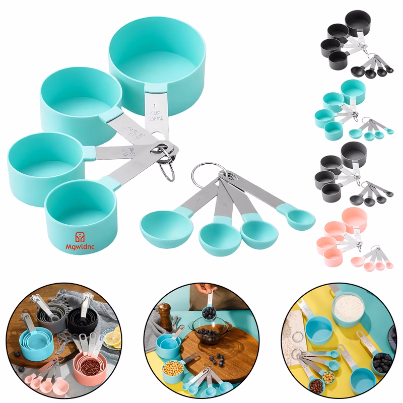 8-Piece Stainless Steel Handle Measuring Spoon Set with Plastic Cups