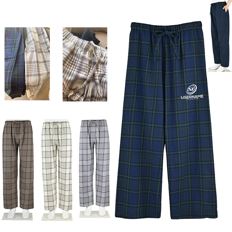 Unisex Soft Cotton Pajama Bottoms Casual Stretch Wide Leg Grid Pants, custom shorts with logo imprint 1