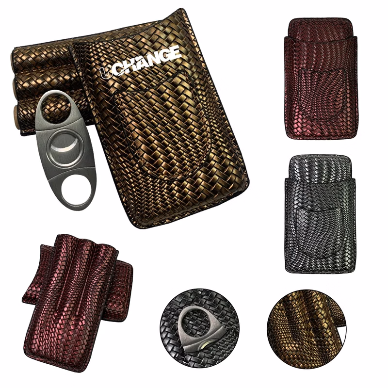 Embossed Woven Leather Cigar Case With Cutter Pocket