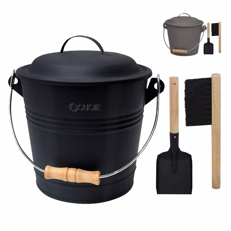 Mini Fireplace Ash Bucket Set w/ Lid, Brush & Shovel