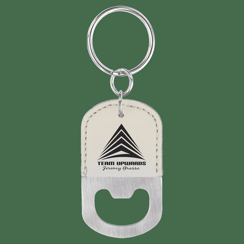 White Leatherette Oval Bottle Opener Keychain