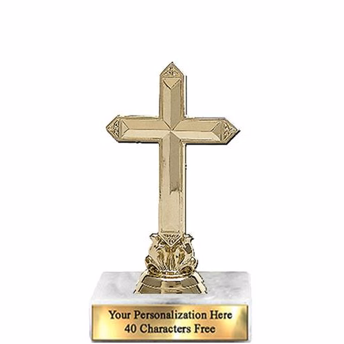 Trophy: 7", 2x3 white marble base, Cross Gold Uniq