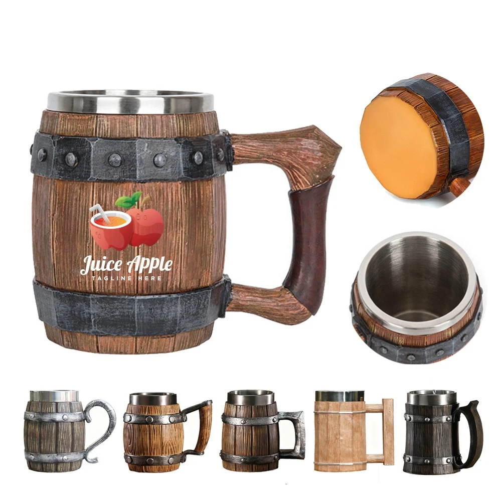 20oz Stainless Steel Liner Anti-Slip Wood Barrel Beer Stein 1