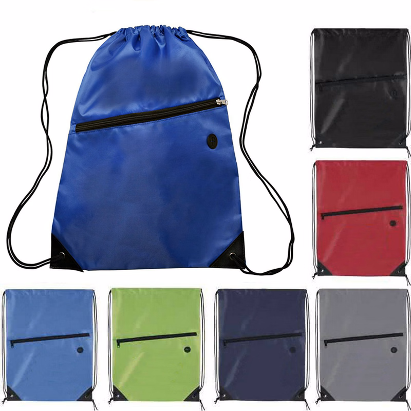 210D Polyester Zipper Pocket Drawstring Backpack