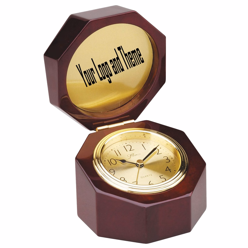 Jumbo Octagon Desk Clock with Gold Face Quartz Movement in Rosewood Box.