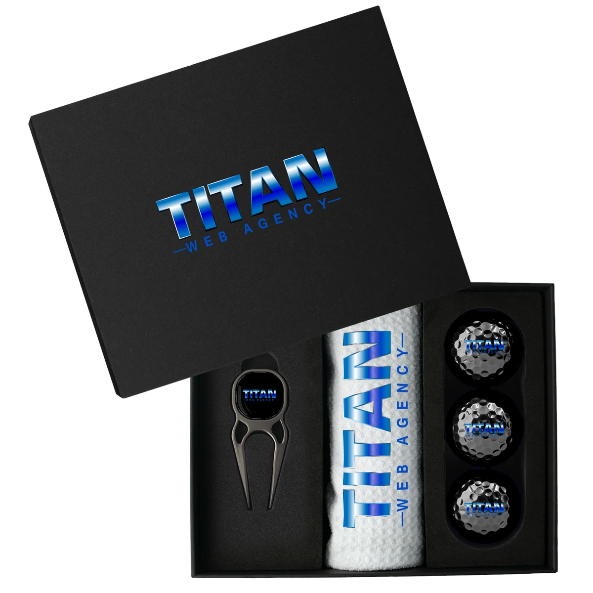Premium Golf Gift Set Presentation Box — Divot Tool, Towel & 3 Balls 1