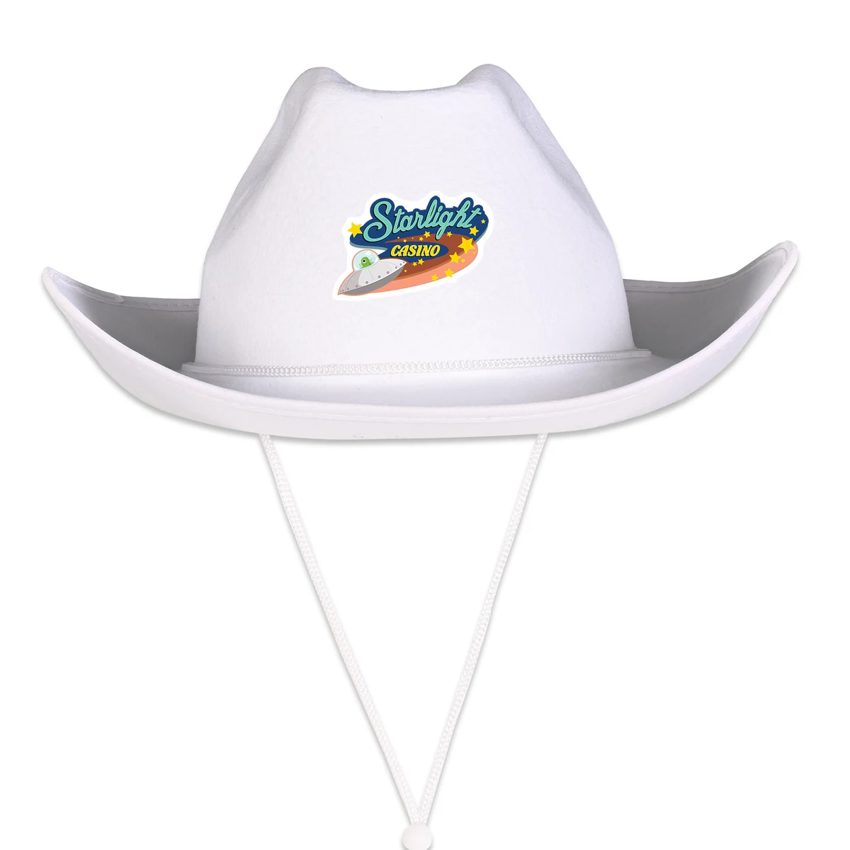 White Cowboy Hats w/ Adjustable Chin Strap with a Faux Leather Icon 1