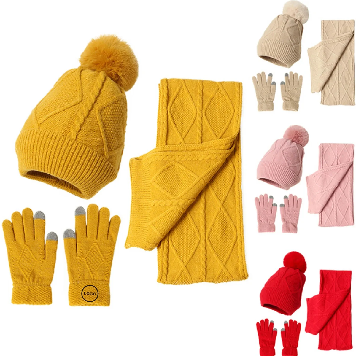 Winter Knit Scarf Set with Hat and Touchscreen Gloves 1