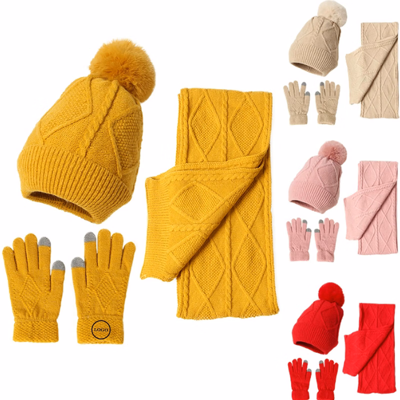 Winter Knit Scarf Set with Hat and Touchscreen Gloves