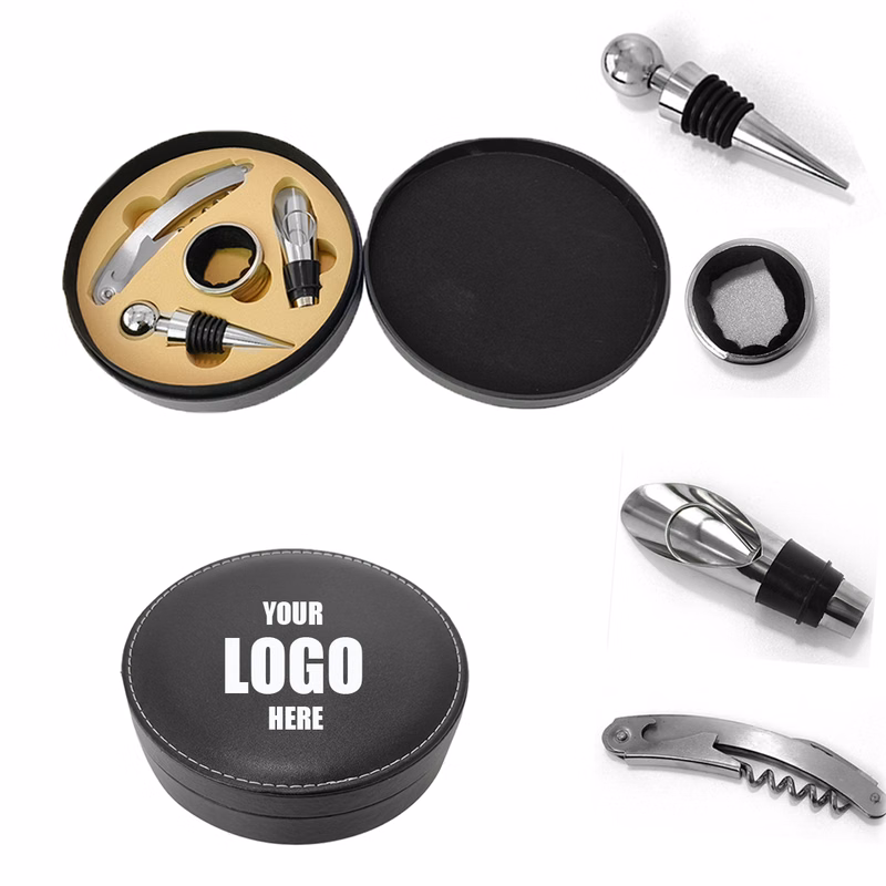 Leatherette Round Case W/ 4 PC Wine Set W/ Corkscrew