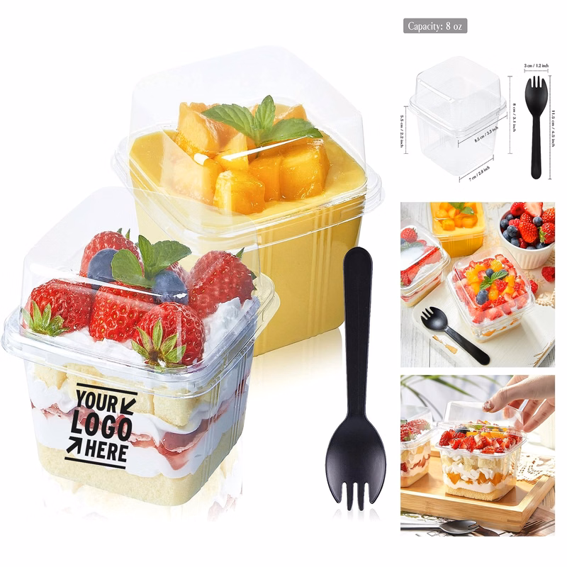 8 OZ Strawberry Square Dessert Clear Plastic To Go Container Cake Cup with Lid Spork