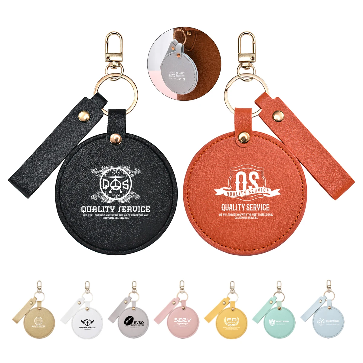 Compact Round Leather Makeup Mirror Keychains 1