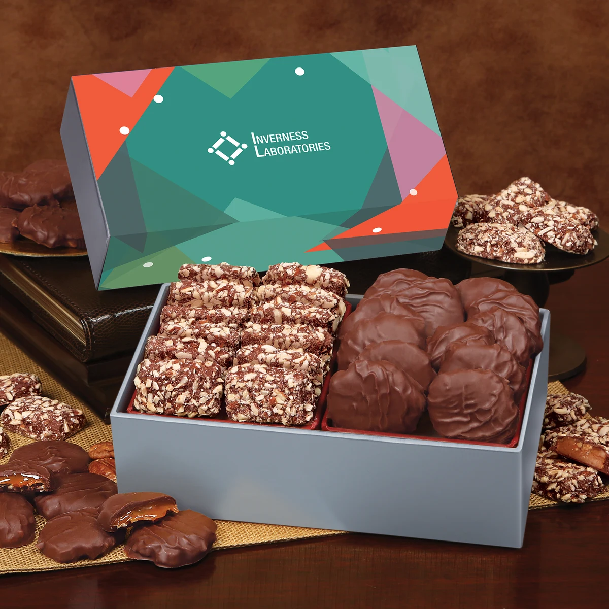 Toffee & Pecan Clusters in Gift Box with Green Geometric Sleeve 1