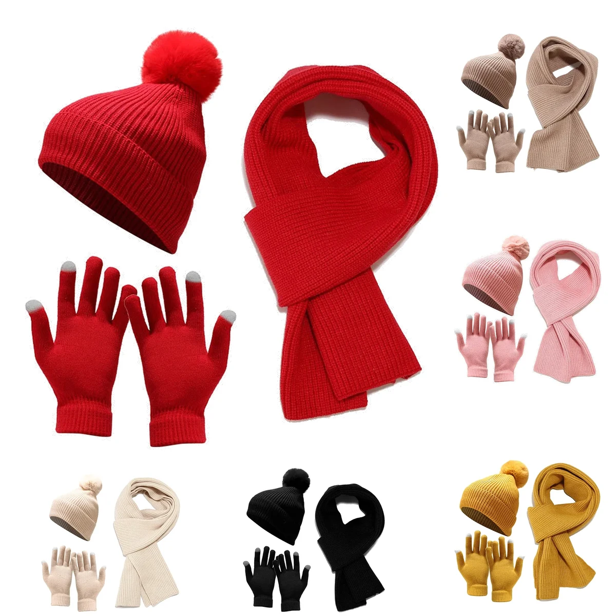 Winter Beanie Hat+ Scarf+Touch Screen Gloves Set 1
