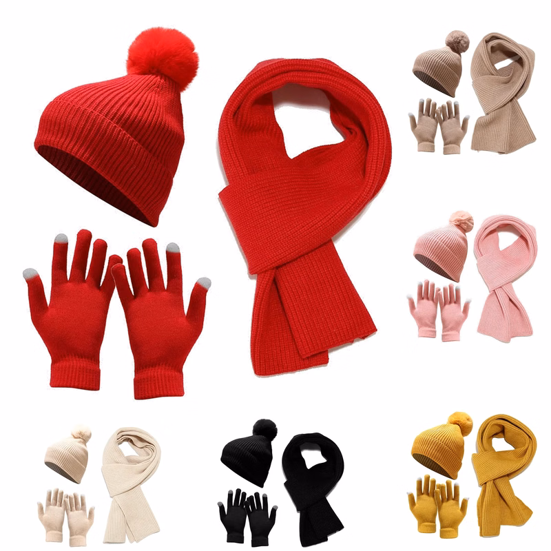 Winter Beanie Hat+ Scarf+Touch Screen Gloves Set