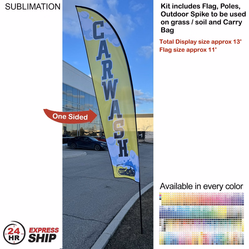 24H Express Ship- 13' Medium Feather Flag Kit, Full Color Graphics One Side, Spike and Bag Included.