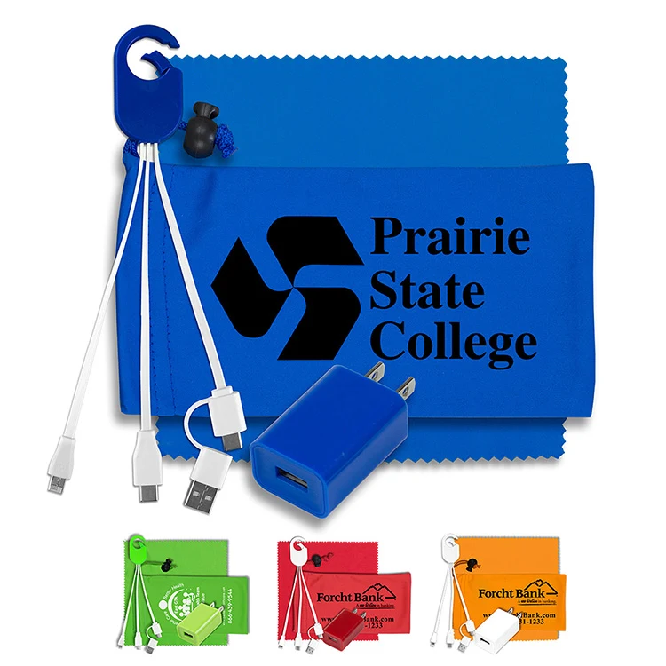 "Pacifica " Mobile Tech Wall Charging Kit in Microfiber Cinch Pouch 1
