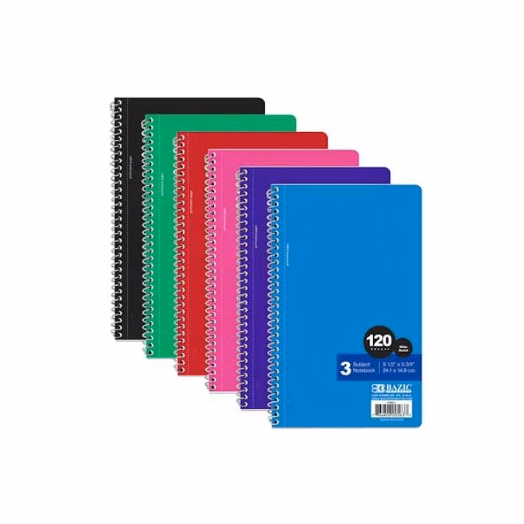 3 Subject Spiral Notebooks - Wide Ruled 120 Sheets 6 Colors