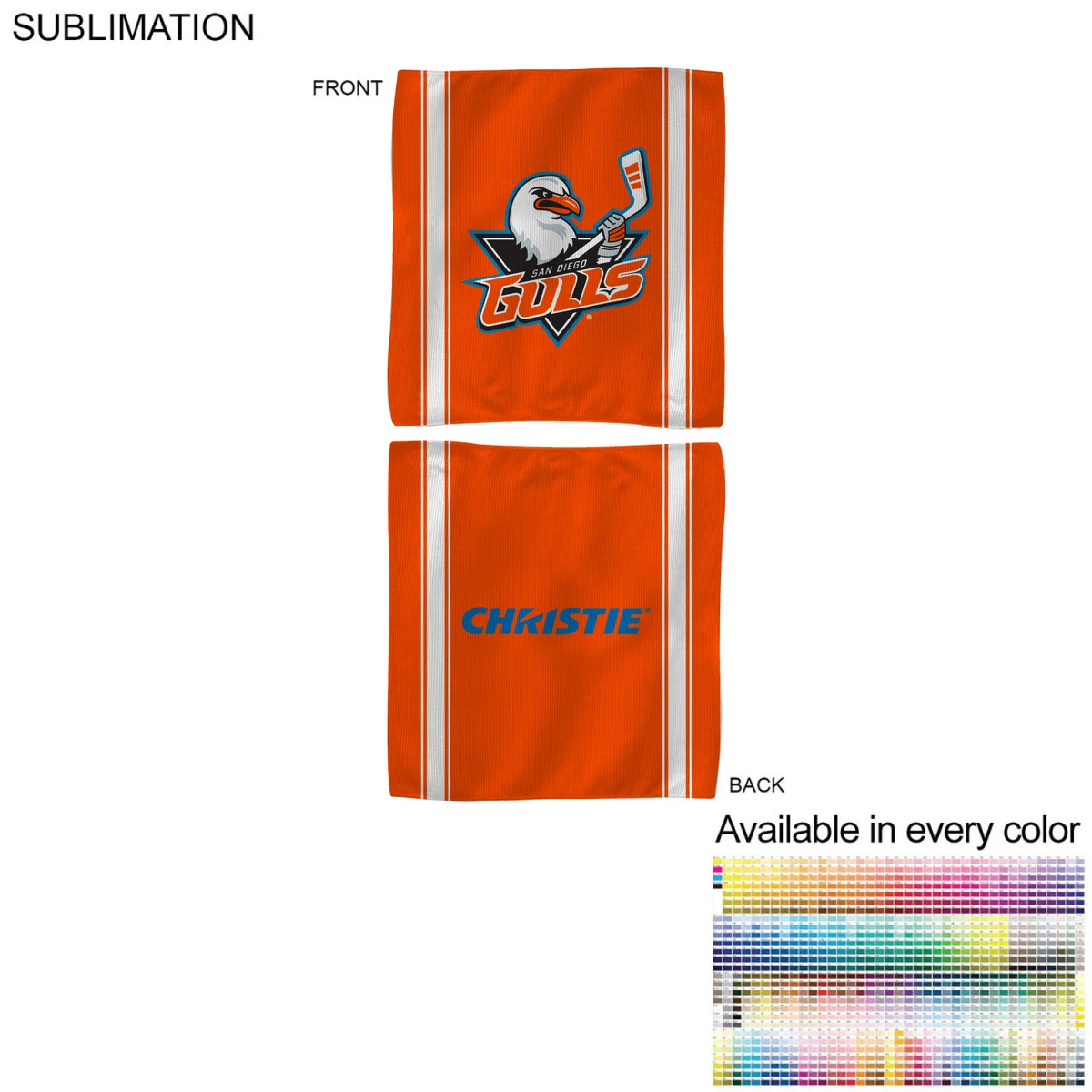 Colored Sublimated Rally, Skate Towels with Jersey stripes, 10x10, Sublimated Edge to Edge 2 sides 1