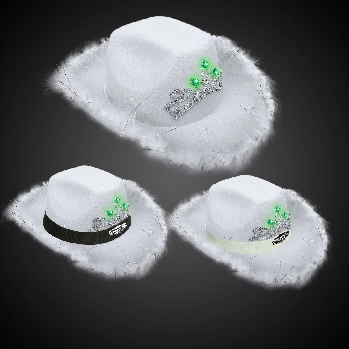 White Light Up Cowboy Hat w/ Tiara and Feather(Blank) 1