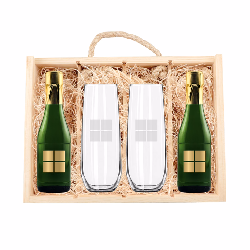 Rustic Laser-Engraved Wood Box with 2 Etched Mini Bubbles & 2 Etched Glasses